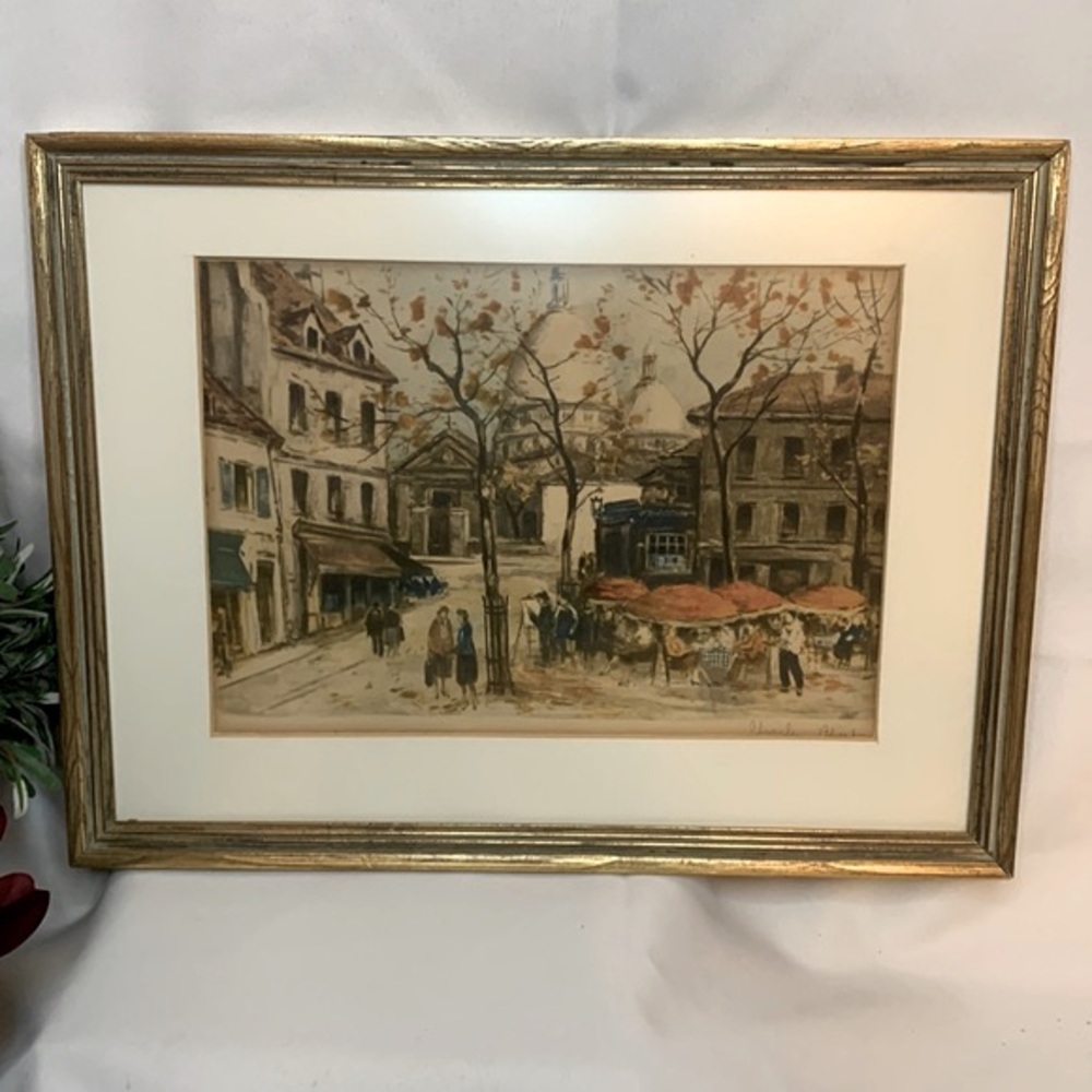 Vtg Signed Charles Mondin French Paris cafe city scape framed lithograph artwork